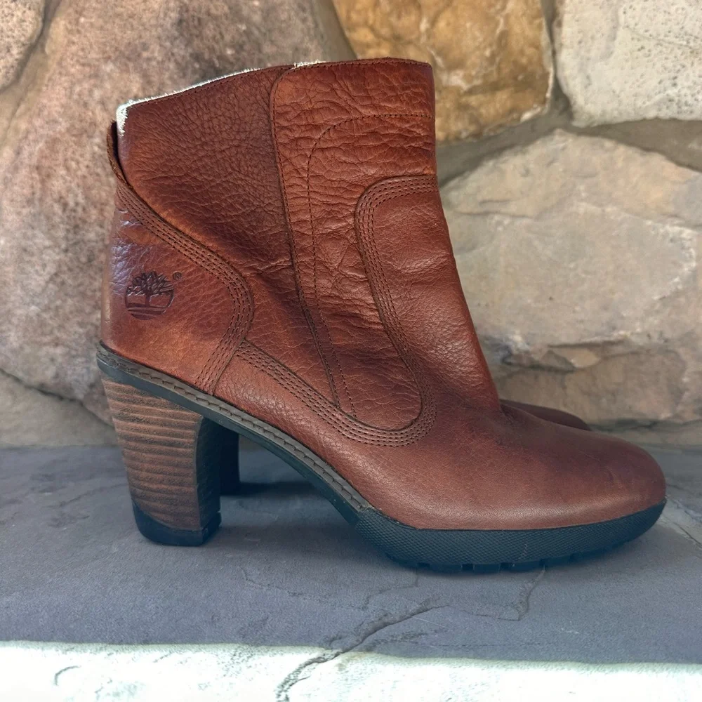 Timberland Womens Stratham Ankle Boots Block Heel Brown Leather Lug Sole